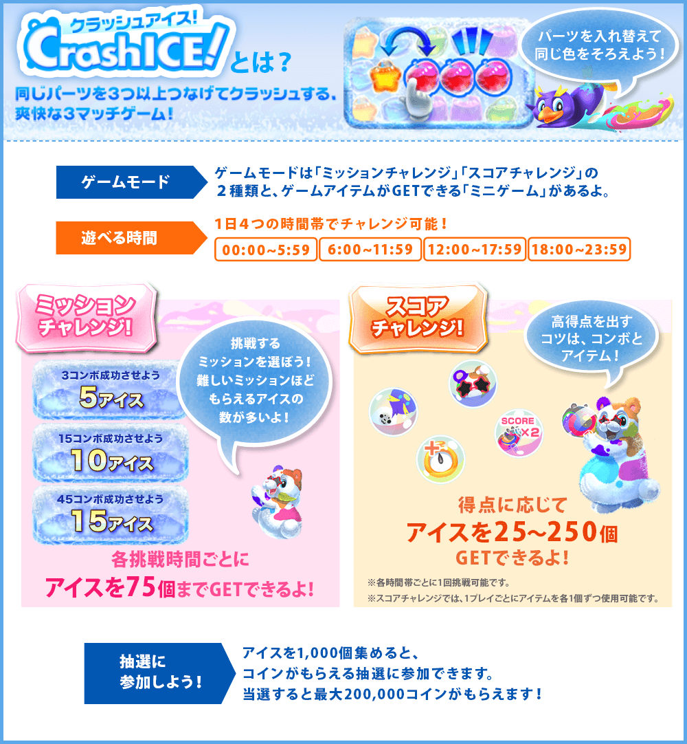 クラッシュアイスとは？同じパーツを3つ以上つなげてクラッシュする。爽快な３マッチゲーム！パーツを入れ替えて同じ色をそろえよう！